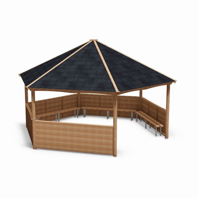 Outdoor Classroom Shelters in Natural Wood with Shingle Roof